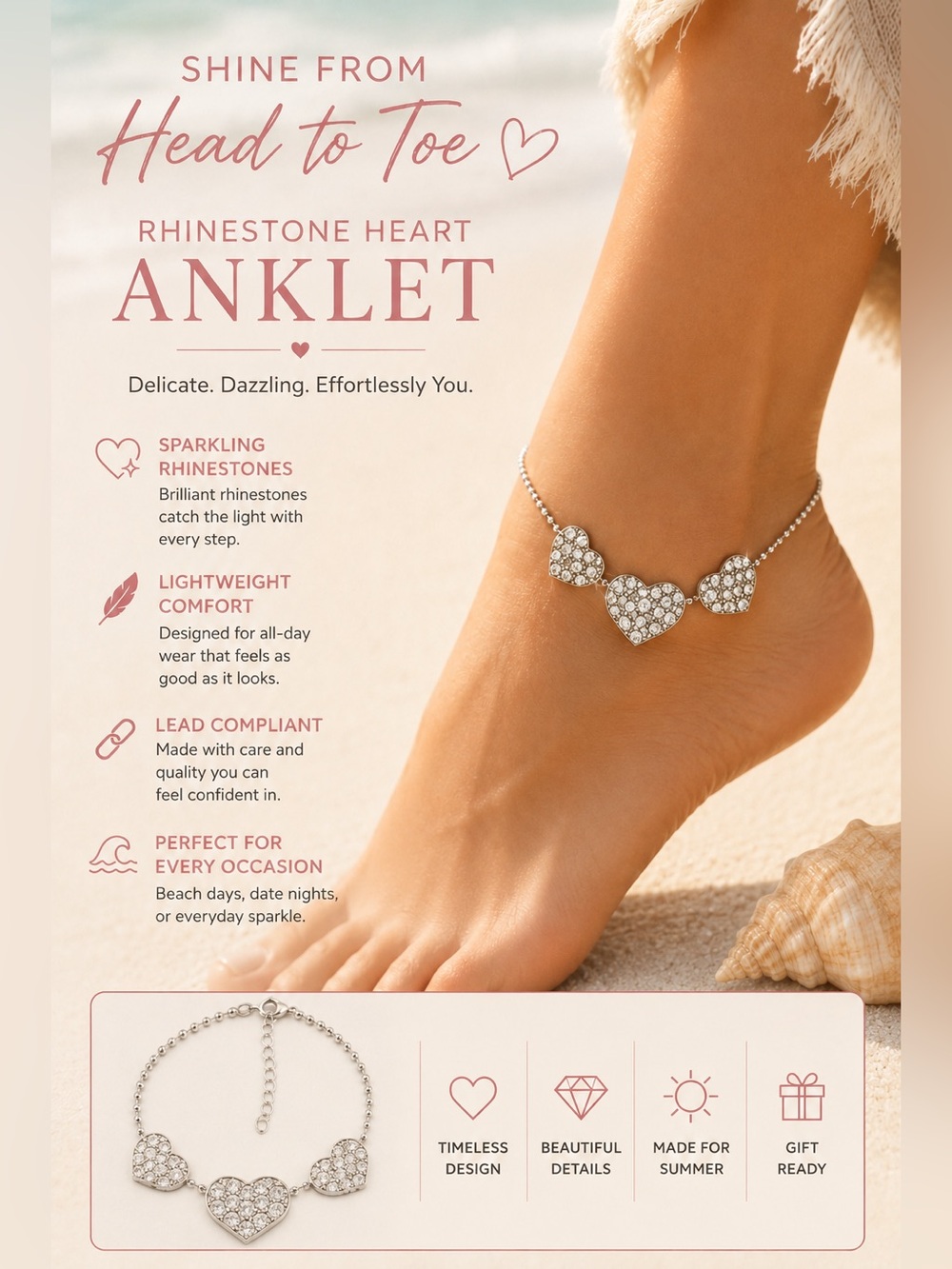 Rhinestone Heart Anklet - Silver Sparkle